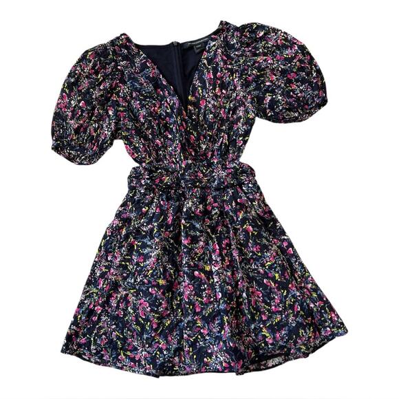 French Connection Flores Cotton V Neck Mini Dress In Utility Blue Floral | US 2 - Picture 2 of 9